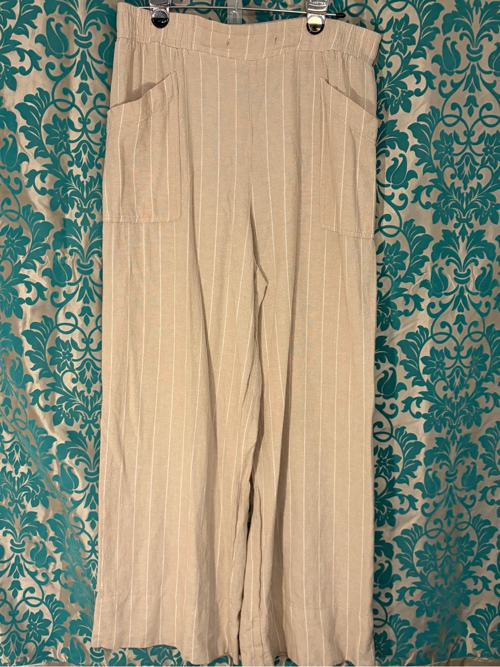 NVLT Beige Pinstripe Wide-Leg Pants